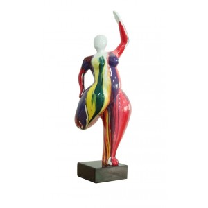 Statue femme ronde en résine multicolore H60cm jambe pliée et bras tendu - BALERINA 04