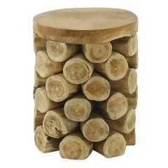 Tabouret / bout de canapé ROND en bois de teck naturel - vu de face - ANANAS