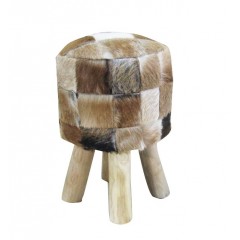 Tabouret rond patchwork peau de chèvre et pieds en teck robuste & design - style cosy scandinave naturel chalet chic - CHEVRE