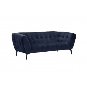 Canapé 2 places velours design avec pieds métal noir et assise capitonnée bleu marine - vue de 3/4 - NEPTUNE