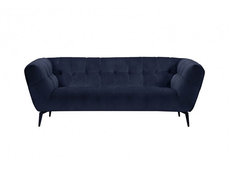 Canapé 2 places velours matelassé design avec pieds métal noir et assise capitonnée bleu - vue de face - NEPTUNE