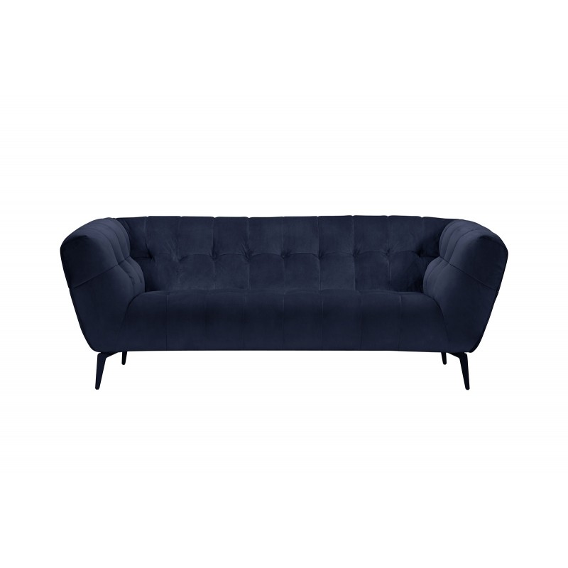 Canapé 2 places velours matelassé design avec pieds métal noir et assise capitonnée bleu - vue de face - NEPTUNE