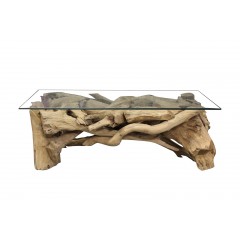 table basse rectangulaire 120 cm en teck et plateau en verre - design exotique chic bord de mer - PONDICHERY