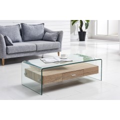 Table basse rectangulaire en verre trempé et caisson avec tiroirs - vue en ambiance - GLASS